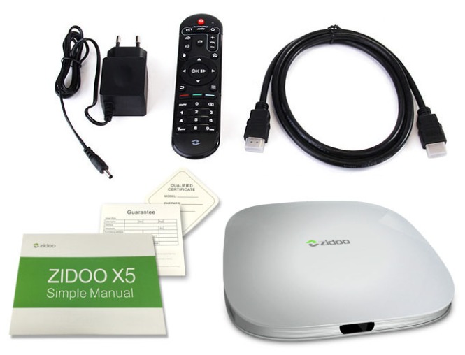 Trọn bộ sản phẩm gồm có: Smart TV Box Zidoo X5, Remote, cáp HDMI, nguồn, sách hướng dẫn.